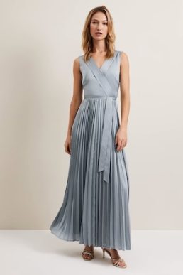 Phase Eight Bonnie Pleat Wrap Satin Maxi Dress Light Green