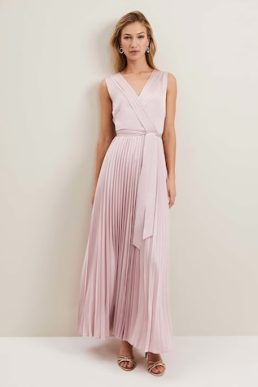 Phase Eight Bonnie Pleat Wrap Satin Maxi Dress Light Pink