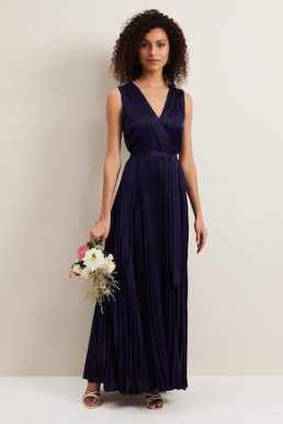 Phase Eight Bonnie Pleat Wrap Satin Maxi Dress Navy Blue