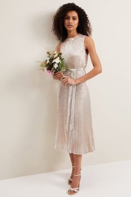 Phase Eight Simara Sequin Pleat Dress Silver