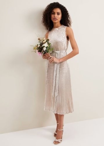 Phase Eight Simara Sequin Pleat Dress Silver