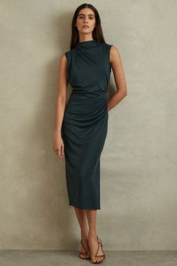 Reiss Beaux Modal Blend Ruched Midi Dress Dark Green