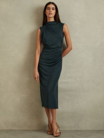 Reiss Beaux Modal Blend Ruched Midi Dress Dark Green