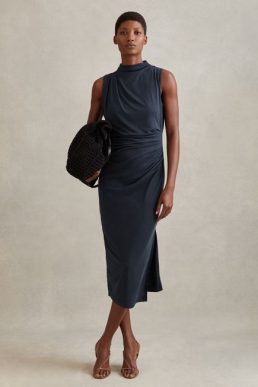 Reiss Beaux Modal Blend Ruched Midi Dress Navy Blue