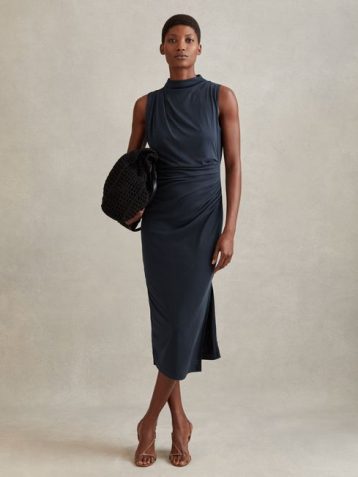 Reiss Beaux Modal Blend Ruched Midi Dress Navy Blue