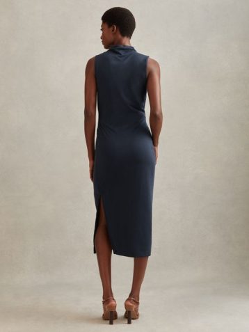 Reiss Beaux Modal Blend Ruched Midi Dress Navy Blue