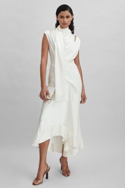 Reiss Giles Acler DrapeElement Asymmetric Midi Dress Ivory