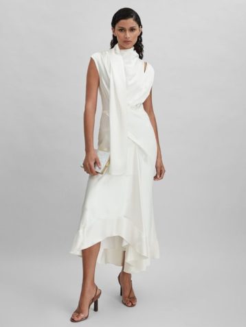 Reiss Giles Acler DrapeElement Asymmetric Midi Dress Ivory