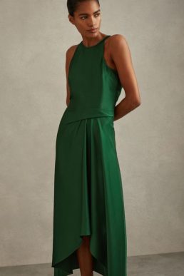 Reiss Micah Satin Drape Tuck Midi Dress Green