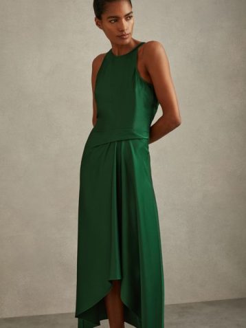 Reiss Micah Satin Drape Tuck Midi Dress Green