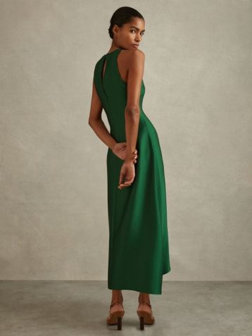 Reiss Micah Satin Drape Tuck Midi Dress Green