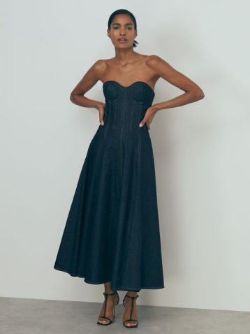 Reiss Rosa Atelier Strapless Denim Midi Dress Blue