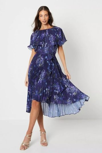 Coast Pleated Cape Detail Midi Dress With Tie Waist Navy Multi