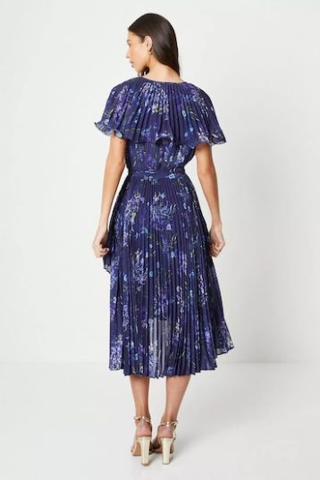 Coast Pleated Cape Detail Midi Dress With Tie Waist Navy Multi