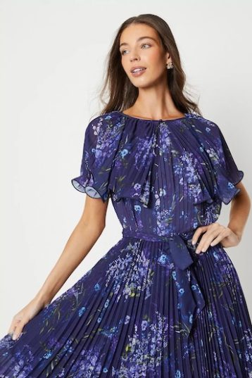 Coast Pleated Cape Detail Midi Dress With Tie Waist Navy Multi