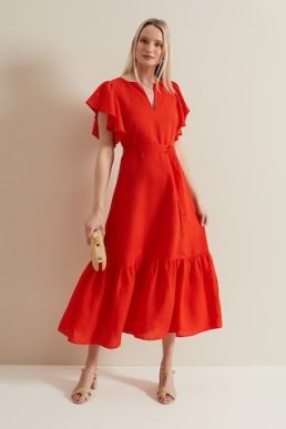 Phase Eight Morgan Red Linen Midi Dress Red