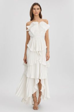 Reiss Judah Amur Pleated Tiered Maxi Dress Ivory