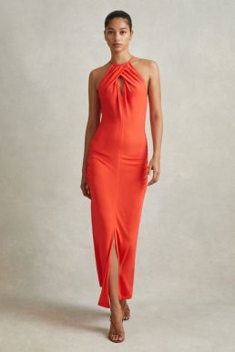 Reiss Kia Jersey Halter Neck Midi Dress Coral Orange