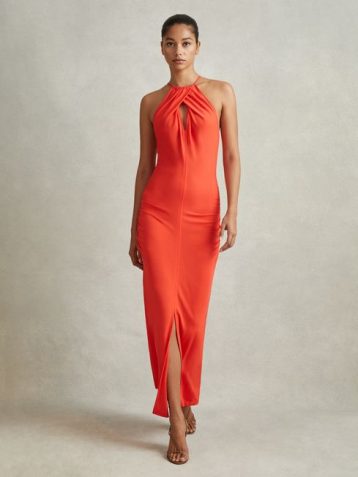 Reiss Kia Jersey Halter Neck Midi Dress Coral Orange