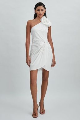 Reiss Marca Halston One-Shoulder Ruffle Mini Dress Ivory