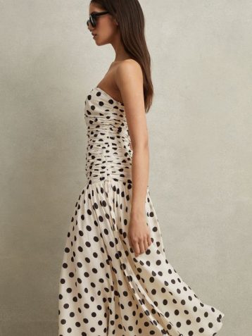 Reiss Rue Viscose Linen Polka Dot Ruched Maxi Dress White