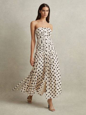 Reiss Rue Viscose Linen Polka Dot Ruched Maxi Dress White