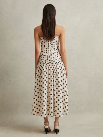 Reiss Rue Viscose Linen Polka Dot Ruched Maxi Dress White