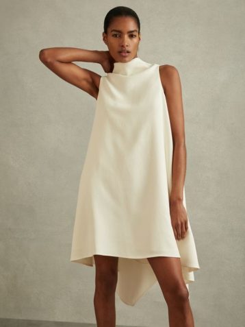 Reiss Shauna High-Neck Drape Back Mini Dress Ivory