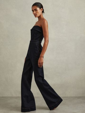 Reiss Tiggie Denim Strapless Wide Leg Jumpsuit Indigo