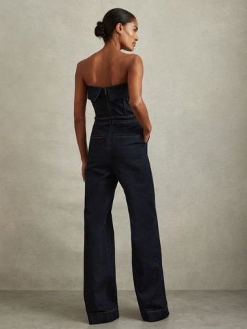 Reiss Tiggie Denim Strapless Wide Leg Jumpsuit Indigo