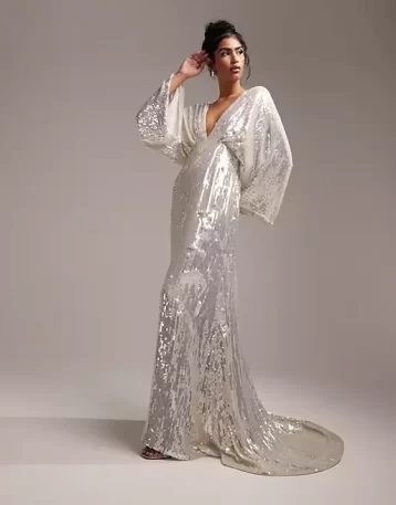 ASOS DESIGN Harriet sequin plunge kimono sleeve wedding