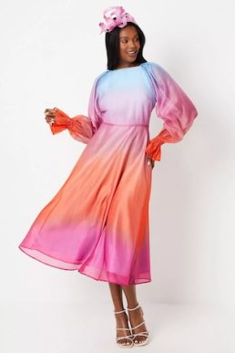 Coast Lisa Tan Ombre Print Organza Long Sleeve Midi Dress Pink