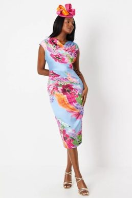 Coast Lisa Tan Placement Print Satin Pencil Dress Blue Pink Multi