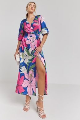 Joanna Hope Wrap Belted Dress Blue Pink