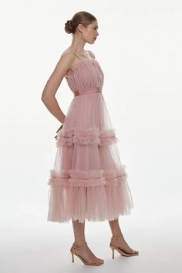 Karen Millen Tulle Bandeau Tiered Midi Dress Pink