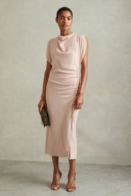 Reiss Bonnie Ruched Cowl Neck Midi Dress Pale Pink Blush