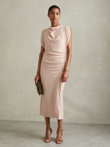 Reiss Bonnie Ruched Cowl Neck Midi Dress Pale Pink Blush