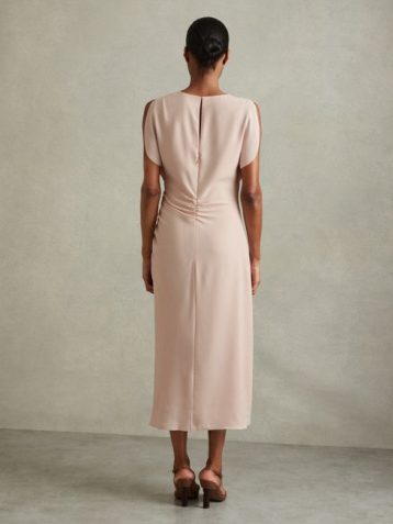 Reiss Bonnie Ruched Cowl Neck Midi Dress Pale Pink Blush