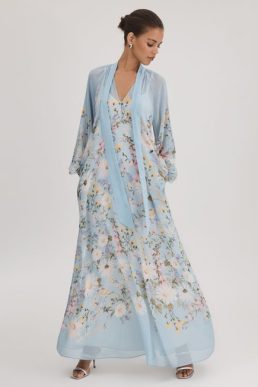 Reiss Florere Printed Tie Neck Maxi Dress Light Blue Multi