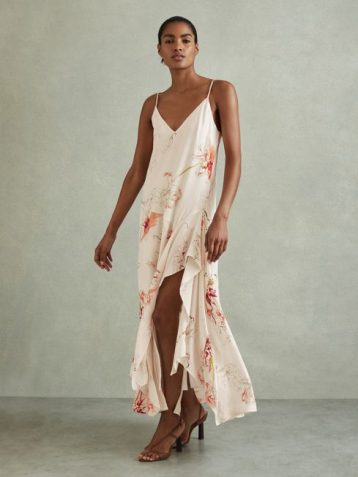 Reiss Melody Floral Print Side Split Midi Dress Ivory Coral