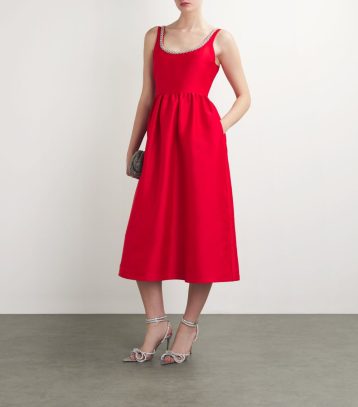 SELF-PORTRAIT Taffeta Diamanté-Trim Midi Dress Red