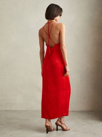 Reiss Lilah Satin Cowl Neck Maxi Dress Red