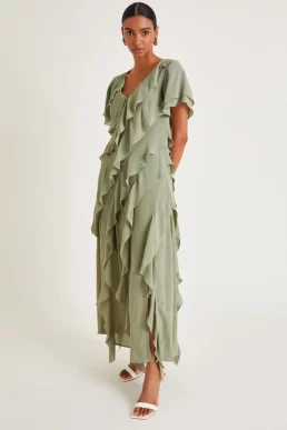 Monsoon Renata ruffle midi dress sage green