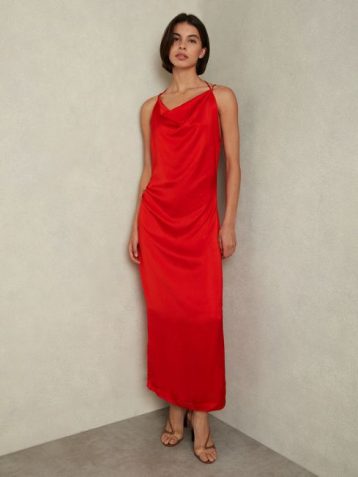 Reiss Lilah Satin Cowl Neck Maxi Dress Red