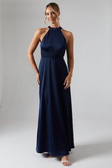 Coast Wrap Waist Detail Satin Halter Neck Bridesmaids Dress navy