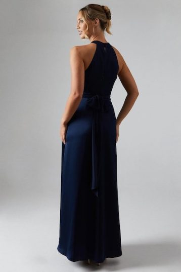 Coast Wrap Waist Detail Satin Halter Neck Bridesmaids Dress navy