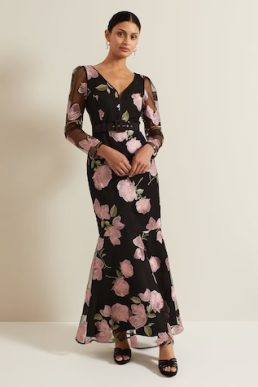 Phase Eight Genny Floral Print Embroidered Maxi Dress Black