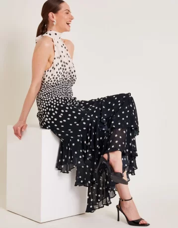 Monsoon Octavia spot ruffle dress black white