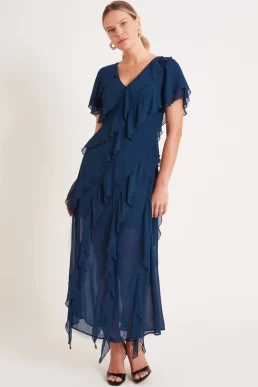 Monsoon Renata ruffle midi dress navy blue