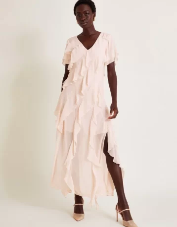 Monsoon Renata ruffle midi dress sage pink blush